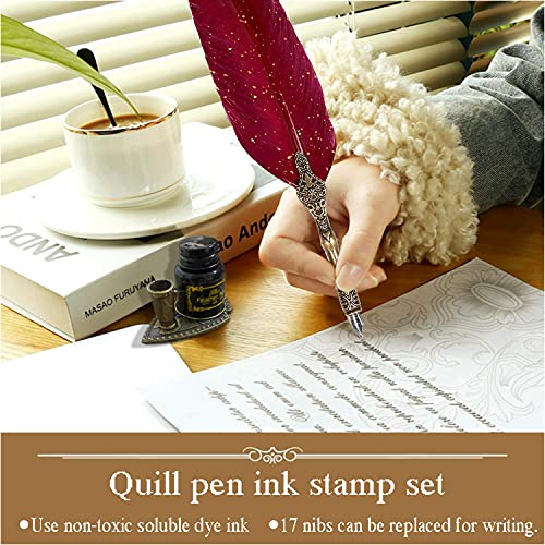 Quill Pen and Ink Set, Includes Feather Pen, Wooden Dip Pen, 17 Replacement Nibs, Pen Base, 3 Wax Seal Sticks, Stamp, White Wax, Spoon, Envelope Letter Paper, Envelope Tool (Red)