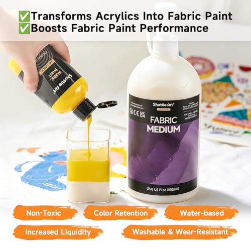 Shuttle Art Fabric Medium, 33.8 oz /1000ml Professional Textile Medium with Pump for Fabric Painting, Improve Acrylic & Fabric Paint Adhesion, Softness, Vibrancy, Prevent Fading, Ideal for T-Shirts,Shoes,Jeans,Bags - size: 33.8 Fl Oz (Pack of 1)