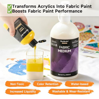 Shuttle Art Fabric Medium, 33.8 oz /1000ml Professional Textile Medium with Pump for Fabric Painting, Improve Acrylic & Fabric Paint Adhesion, Softness, Vibrancy, Prevent Fading, Ideal for T-Shirts,Shoes,Jeans,Bags - size: 33.8 Fl Oz (Pack of 1)