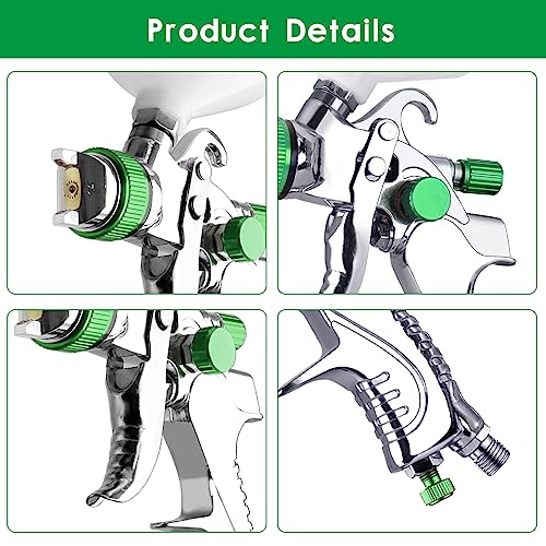HVLP Paint Gun with 1.4/1.7/2.0mm Nozzles,Air Spray Paint Gun w/10pcs 20 Ounce Mixing Cup and Lids & Air Pressure Gauge for Car Painting,Furniture Surface Spraying (Green) - color: Green