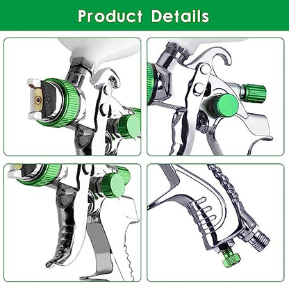 HVLP Paint Gun with 1.4/1.7/2.0mm Nozzles,Air Spray Paint Gun w/10pcs 20 Ounce Mixing Cup and Lids & Air Pressure Gauge for Car Painting,Furniture Surface Spraying (Green) - color: Green