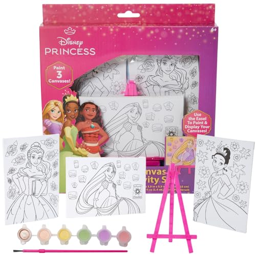 Innovative Designs Disney Princess Canvas Paint Set for Kids with 3 Canvases, Acrylic Paint, Paintbrush, & Easel - Tiana, Belle, and Rapunzel - color: Disney Princess