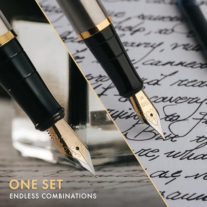 Wordsworth & Black Fountain Pen Set,18K Gilded Medium and Extra Fine Nib,25ML Black Ink Bottle,6 Ink Cartridges,Refill Converter,Gift Box,Smooth Writing Pens [Silver Gold],Gift Set for Men and Women - color: Silver Gold