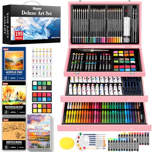 iBayam Gifts for Kids Teens Girls Women, 195-Pack Arts and Crafts Supplies for Adults Kids, Art Kits Paint Set for Acrylic Oil Watercolor Canvas Ceramic Rock Eggs Egg Tempera, Easter Basket Stuffers - color: Pink