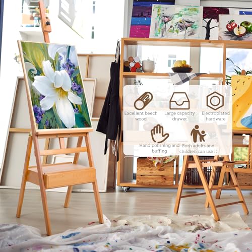 H Frame Easel with Drawer, French Style Artist Easel Solid Beech Wood Adjustable Height 59" to 75" Painting Canvas Holder Stand Tilts Flat Easels for Oil Painting Studio Classroom Adult Kids Wooden C
