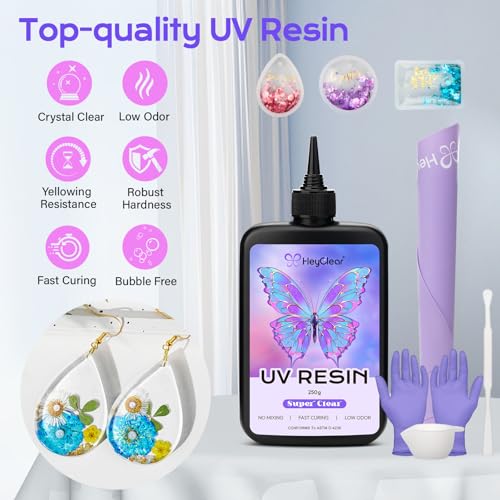HeyClear 250g UV Resin kit -Crystal Clear, Hard UV Epoxy Resina para Manualidades Fast Curing Glue uv with Silicone Molds, Mat for Beginners Jewelry Making, DIY Crafts Art, Casting Coating - size: 250g