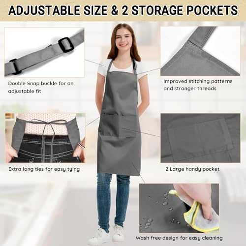 Chef Apron for Men and Women Wash Free Bib Apron with 2 Pockets Water & Oil Proof Adjustable Aprons - color: Grey