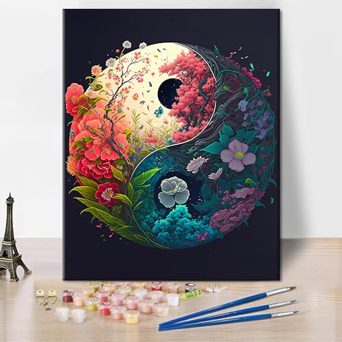 TUMOVO Paint by Numbers for Adults Beginner, Yin Yang Paint by Numbers Kits Romantic Beautiful Flowers Adult Paint by Number Acrylic Kids Paint by Number Kits Home Wall Decoration, 16 x20 Inch - color: Yin yang