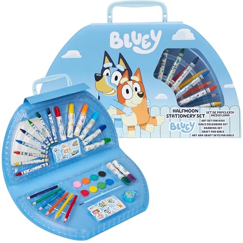 Bluey Colored Pencils Art Supplies for Boys Girls Drawing Kit Painting School Supplies Art Kit Travel Case Gifts for Kids (Blue Halfmoon Case) - color: Blue Halfmoon Case