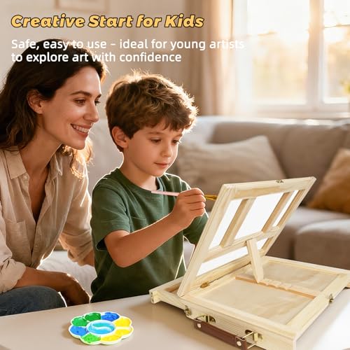 Portable Tabletop Easel Set 24-Piece Acrylic Paints Brushes Canvases | Non-toxic 12 acrylic paints, brushes, canvases & boards, travel-friendly wooden art kit for beginners - size: art easel box-24pk
