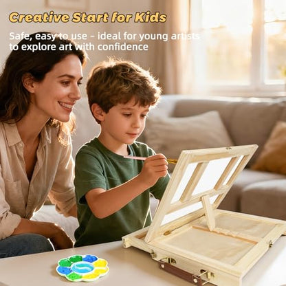 Portable Tabletop Easel Set 24-Piece Acrylic Paints Brushes Canvases | Non-toxic 12 acrylic paints, brushes, canvases & boards, travel-friendly wooden art kit for beginners - size: art easel box-24pk