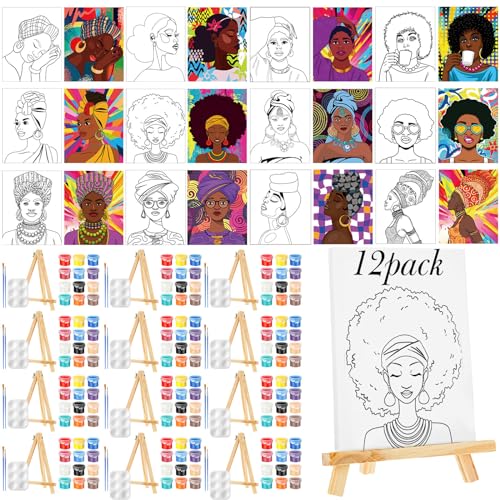 Zhanmai 72 Pcs 12 Sets Sip and Paint Kit Pre Drawn Canvas for Painting 8" x 10" Paint Party Canvas Painting Pre Printed Canvases for Party Favor DIY Virtual Adult's Date Night(Afro Queen) - style: Afro Queen