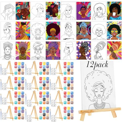 Zhanmai 72 Pcs 12 Sets Sip and Paint Kit Pre Drawn Canvas for Painting 8" x 10" Paint Party Canvas Painting Pre Printed Canvases for Party Favor DIY Virtual Adult's Date Night(Afro Queen) - style: Afro Queen