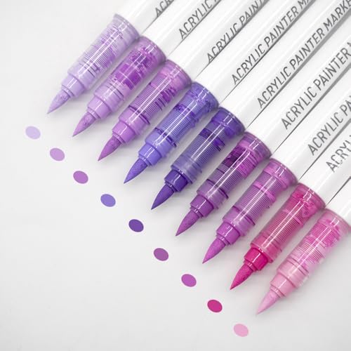 Water Based Acrylic Paint Markers, 9 Colors Acrylic Paint Pens Set with Soft Brush Tip, Marker Pen for Rock Painting, Egg, Wood, Glass, Paper, Mugs, Acrylic Painter Ink (Purple Series) - color: Purple Series
