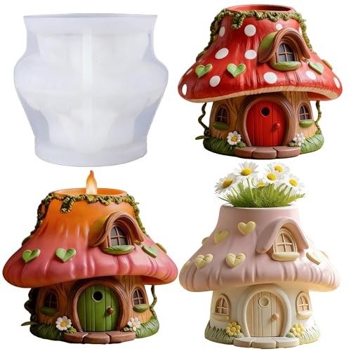 1Pc 3D Mushroom House Silicone Mold, Fairy House Epoxy Resin Mold for Concrete Casting Succulent Planter Pot, Candle Holder, Storage Box, Candy Jar, DIY Home Garden Decor, Handmade Gifts - color: Mushroom Resin Mold