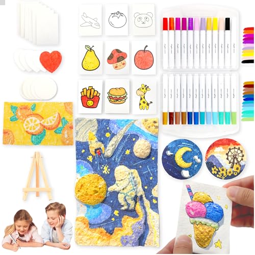 Magic 3D Foam Texture Painting Kit - 51 Pcs Puffy Paint Drawing Sponge Paper Kids Art Kit - DIY Popcorn Textured Magical Canvas Puff Paint Kid Craft Set - 24 Water Color Acrylic Marker Pens Kid Gifts