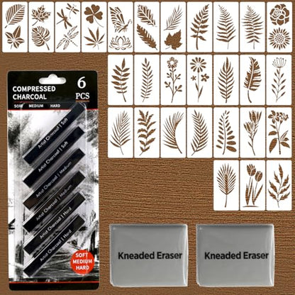 36 pcsPainting Set for Beginners and Artists, 28 Pieces Stencils, 6 PCS Compressed Charcoal Sticks, 2 Pack Kneaded Rubber Erasers Large Size, DIY Drawing Paint Back to School