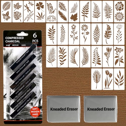 36 pcsPainting Set for Beginners and Artists, 28 Pieces Stencils, 6 PCS Compressed Charcoal Sticks, 2 Pack Kneaded Rubber Erasers Large Size, DIY Drawing Paint Back to School