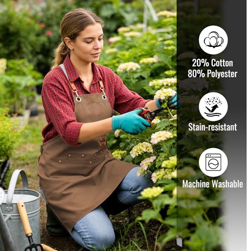 Aoomzoon Durable Kitchen Apron,Multifunctional Chef Aprons for Women & Men with Pockets for Cooking Baking & Daily Use - color: Brown