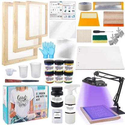 Ecoofor Screen Printing Kit 63 pcs All-in-One Set with 50 W UV Exposure Lamp, 3 Size Wood Screen Printing Frames, 6 Colors Screen Printing Ink, 15 A4 Inkjet Transparency Films & Emulsion Stripper