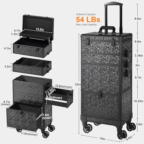 Rolling Makeup Case with Large Drawer, Makeup Train Case with Tray, Cosmetology Case on Wheels, Travel Makeup Case Organizers, Professional for Salon Barber, Nail, Tattoo, Black - color: Black, style: No Mirror