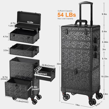Rolling Makeup Case with Large Drawer, Makeup Train Case with Tray, Cosmetology Case on Wheels, Travel Makeup Case Organizers, Professional for Salon Barber, Nail, Tattoo, Black - color: Black, style: No Mirror