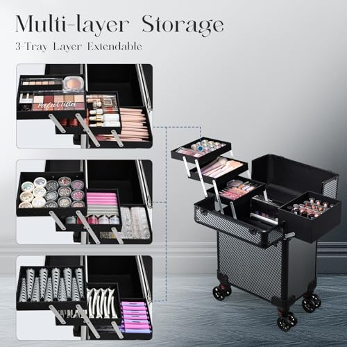 Rolling Makeup Case, Cosmetology Case on Wheels Professional Vanity Case with Trays for Women Large Travel Makeup Box Organizer Trolley with Key, Ashy Grey - color: Urban Black