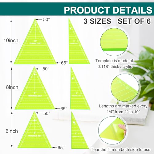 Kigley 3 Set Tall Triangle Rulers for Quilting 6 8 10 Inch Wedge Triangle & Wing Quilting Rulers and Templates Acrylic Quilt Templates for Sewing Layer Cake Patchwork Cutting Pattern DIY Craft (Green) - color: Green