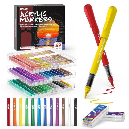 WUO Acrylic Paint Markers, 36 Colors Water-Based No-Bleed Paint Pens with Brush Tip, Automatic Ink Control Markers for Rock Painting, Wood, Glass, Fabric DIY Art, 12 Extra Replaceable Ink Cartridges - color: 36 Colors