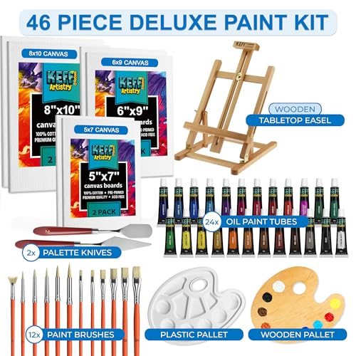 KEFF Oil Paint Set for Adults and Kids - Art Supplies Painting Kits with 24 Oil Paints, Stretched Canvas, Art Easel, Brushes, Palette, Knives and Paper Pad