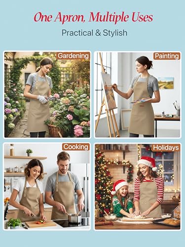 Kitchen Cooking Apron for Women Men Water-Resistant Artist Barista Baking Craft Catering Work Bib with Large Pockets - color: Khaki