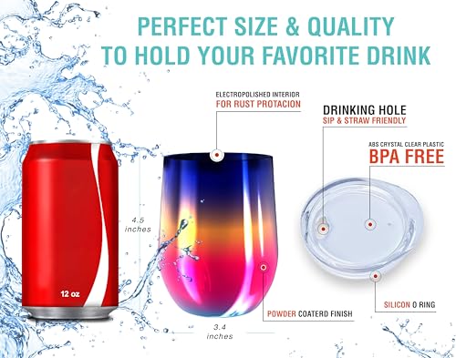 CHILLOUT LIFE 12 oz Stainless Steel Wine Tumbler with Lid - Double Wall Vacuum Insulated Wine Cup Glass Keeping Cold & Hot for Coffee, Champagne, Cocktails, Ice Cream - Colorful Rainbow - color: Rainbow, style: 1 Pack