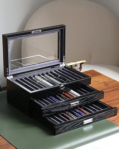 Pen Display Case with 36 Pen Slots, Fountain Pen Case, Wood Pen Storage Organizer, Pen Box Display for Men Gift, Pen Display Box with Glass Window(black ash veneer finish, dark gray velvet) - color: black 36 slots, gray velvet