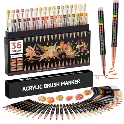 Sanyetral 36 Brown Tones Colors Acrylic Paint Markers, Soft Brush Tip Paint Pens Paint Markers, Acrylic Paint Pens for Wood, Stone, Canvas, Glass, Fabric, Egg & DIY Crafts Art Supplies (Brown) - color: Brown