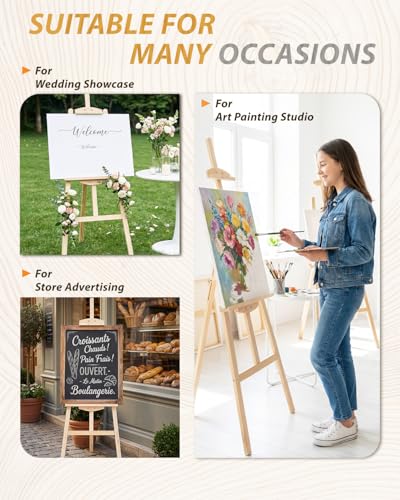 Foldable & Adjustable Art Easel Stand, Wooden Easel Art Easel for Painting Adult Artist Easel Stand for Painting Easle Floor Standing,Wood Easel Stand for Display Canvas Home Studio Classroom,Natural - style: Natural