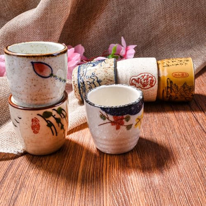 Japanese Style Ceramic Sake Cups Set of 6, Hand-Painted Ceramic Sake Glasses for Saki, Tea, Dessert, Microwave & Dishwasher Safe Small Drinking Cups for Home Kitchen Bar Tableware