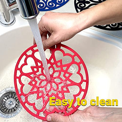 3 Set Silicone Trivet Mats with 1 Extra Large Included | Intricately Carved Insulated Flexible Durable Non Slip Thick Round Premium Trivets for Hot pots and Pans | Light Blue - color: Blue