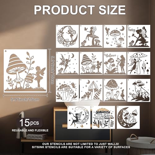 Sitsink Fairy Moon Mushroom Stencils - 15 Pcs Reusable Boho Stencils for Painting on Wood Wall Canvas Door Mat, Painting Drawing Template for DIY Craft - style: fairy