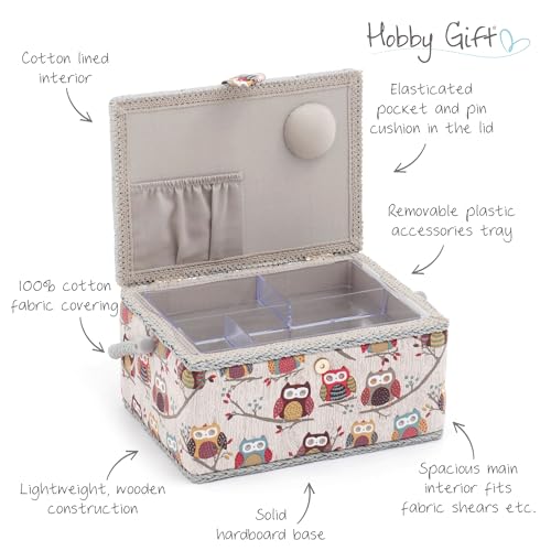 Hobby Gift Medium Sewing Box Organiser, Fabric Covered Storage Box with Handle, Internal Tray, Pin Cushion and Pocket for Sewing, Quilting and Knitting Supplies - color: Hoot