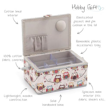 Hobby Gift Medium Sewing Box Organiser, Fabric Covered Storage Box with Handle, Internal Tray, Pin Cushion and Pocket for Sewing, Quilting and Knitting Supplies - color: Hoot