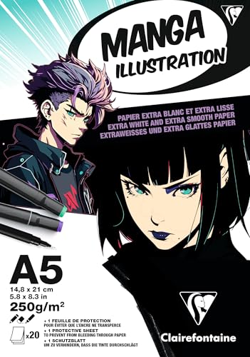 Clairefontaine 976162C Drawing Pad, Glued Paper, Manga, Illustration, A5, 14.8 x 21 cm, 250 g, 20 Sheets, White, Extra Smooth - Paper for Manga Drawing with Pencil, Ink and Felt Tip Pens - size: 14.8x21