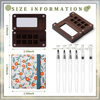 Qilery Mini Portable Watercolor Palette Set Wooden Grid Paint Box Watercolor Paper Sketch Book Brush Pens with Binder Clip for Painters Artist Not Include Paint(Blue Flowers) - style: Blue Flowers