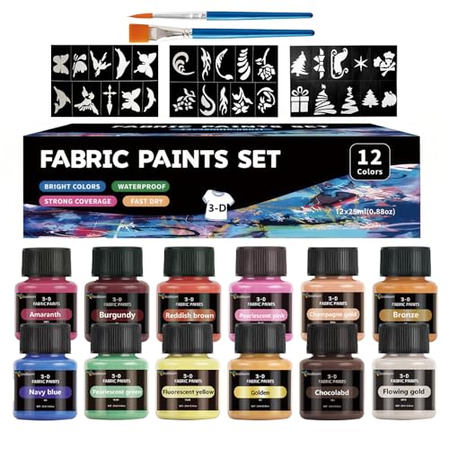 Fabric Paint Set, Pearlescent 12 Vibrant Colors Permanent Textile Paint (25ml/0.88oz) with Brushes & Stencils, Non-Toxic Fabric Paint for T-Shirts, Bags & DIY Art Projects - color: 12