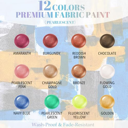 Fabric Paint Set, Pearlescent 12 Vibrant Colors Permanent Textile Paint (25ml/0.88oz) with Brushes & Stencils, Non-Toxic Fabric Paint for T-Shirts, Bags & DIY Art Projects - color: 12