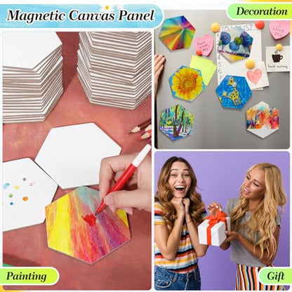 Nezyo 75 Pieces Magnetic Painting Canvas Panel Mini Canvas Boards Mini Canvases Tile Art for Painting Magnetic Fridge Locker Art Paints Crafts DIY Kit (Hexagon,3 Inch) - size: 3 in, style: Hexagon