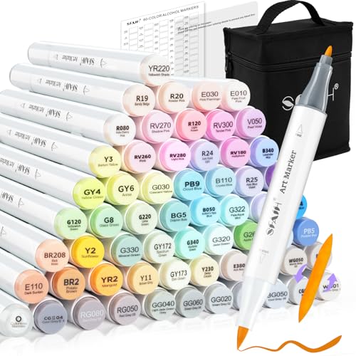 SFAIH Alcohol Markers Brush Tip - 61 Pastel Brush & Fine Dual Tip Art Markers for Artist Illustration, Adult Coloring Books, Gifts for Artist Adult, Colorless Blender, Enjoy Blending, Carrying Case - color: 61 Colors