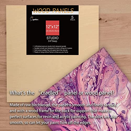 Cupohus Unfinished Birch Wood Boards Canvas for Painting, 5 Packs 3/4'' Deep Cupohus 12'' x 12'' Wooden Cradled Panels for Pouring Art, Crafts, Paints and More - size: 12" x 12"