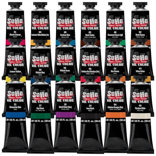 Soho Urban Artist Oil Paints - Professional Grade Landscape Oil Paint Set of 18, 50ml Paint Tubes with Mezzo Straight Rack No 2, Triple Milled Colors with Maximum Luminosity for Professionals - color: Landscape