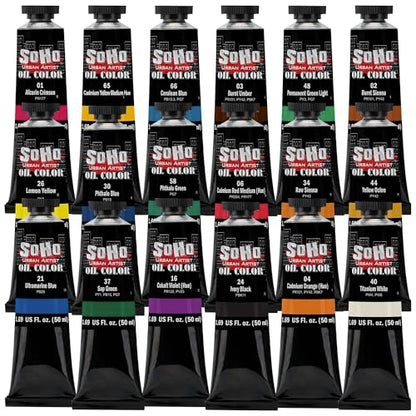 Soho Urban Artist Oil Paints - Professional Grade Landscape Oil Paint Set of 18, 50ml Paint Tubes with Mezzo Straight Rack No 2, Triple Milled Colors with Maximum Luminosity for Professionals - color: Landscape