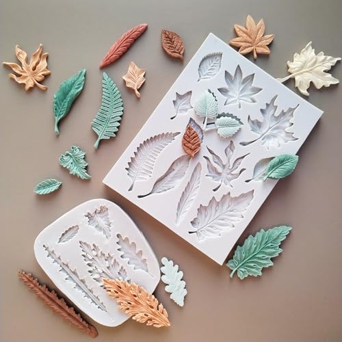 2PCS Leaf Silicone Molds, Tree Leaves Shape Cake Fondant Mold, 3D Unique Chocolate Candy Jello Biscuit Dessert Mold, Resin Plaster Polymer Clay Soap Mold, Cake Decorating Tool - color: 2pc leaf